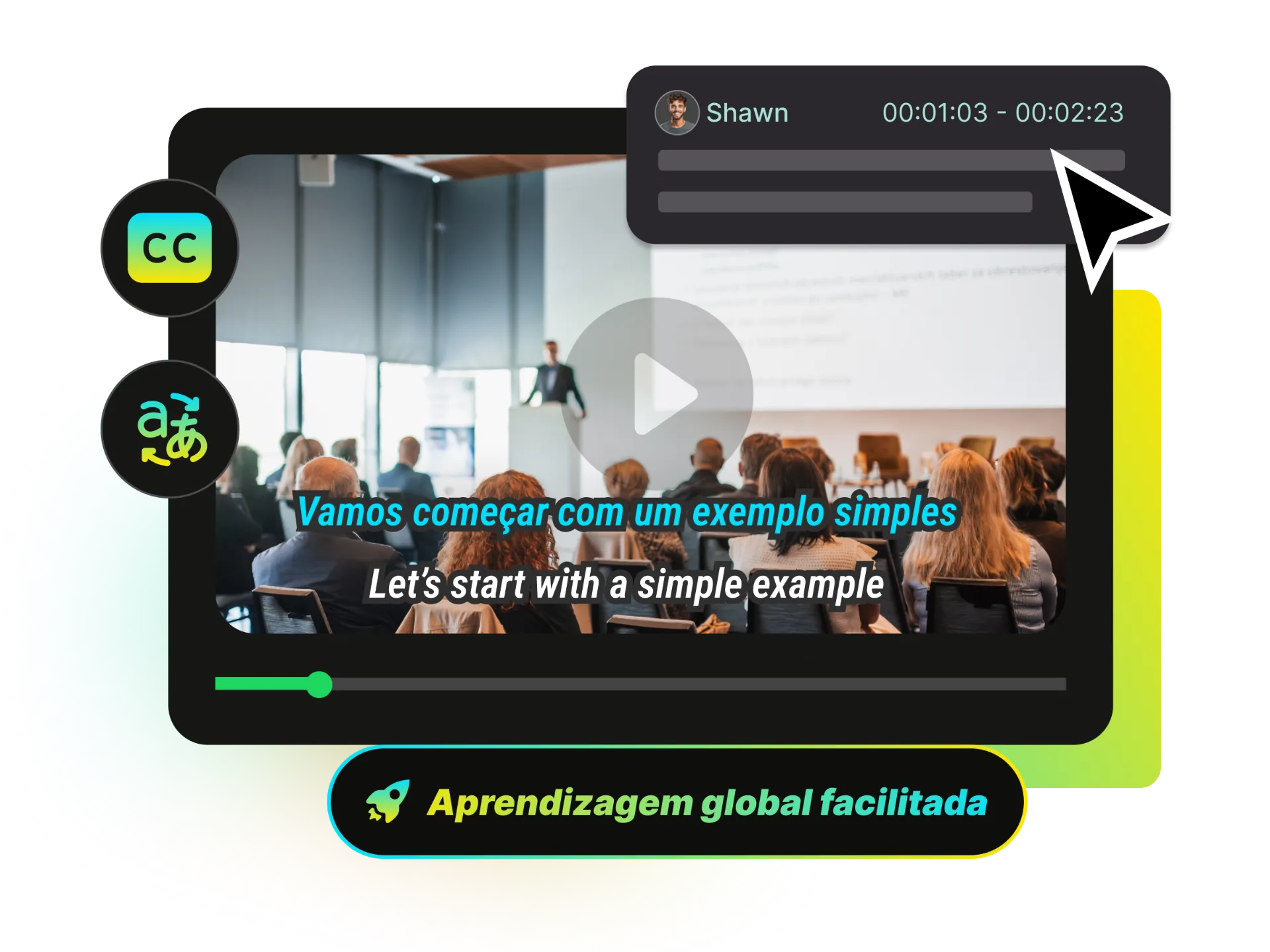 Laptop screen with an online class showing translated subtitles